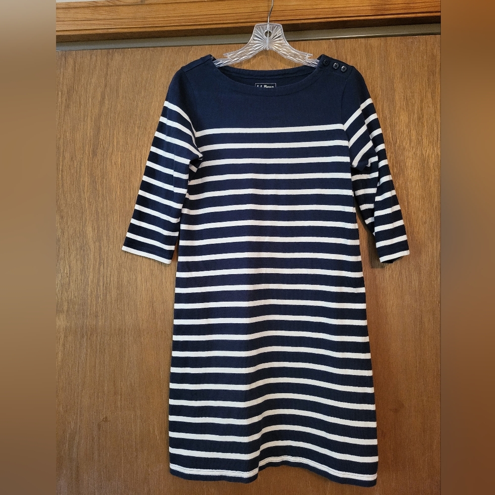 L.L. Bean Navy and White Striped Boatneck Knit Dress, Petite S
